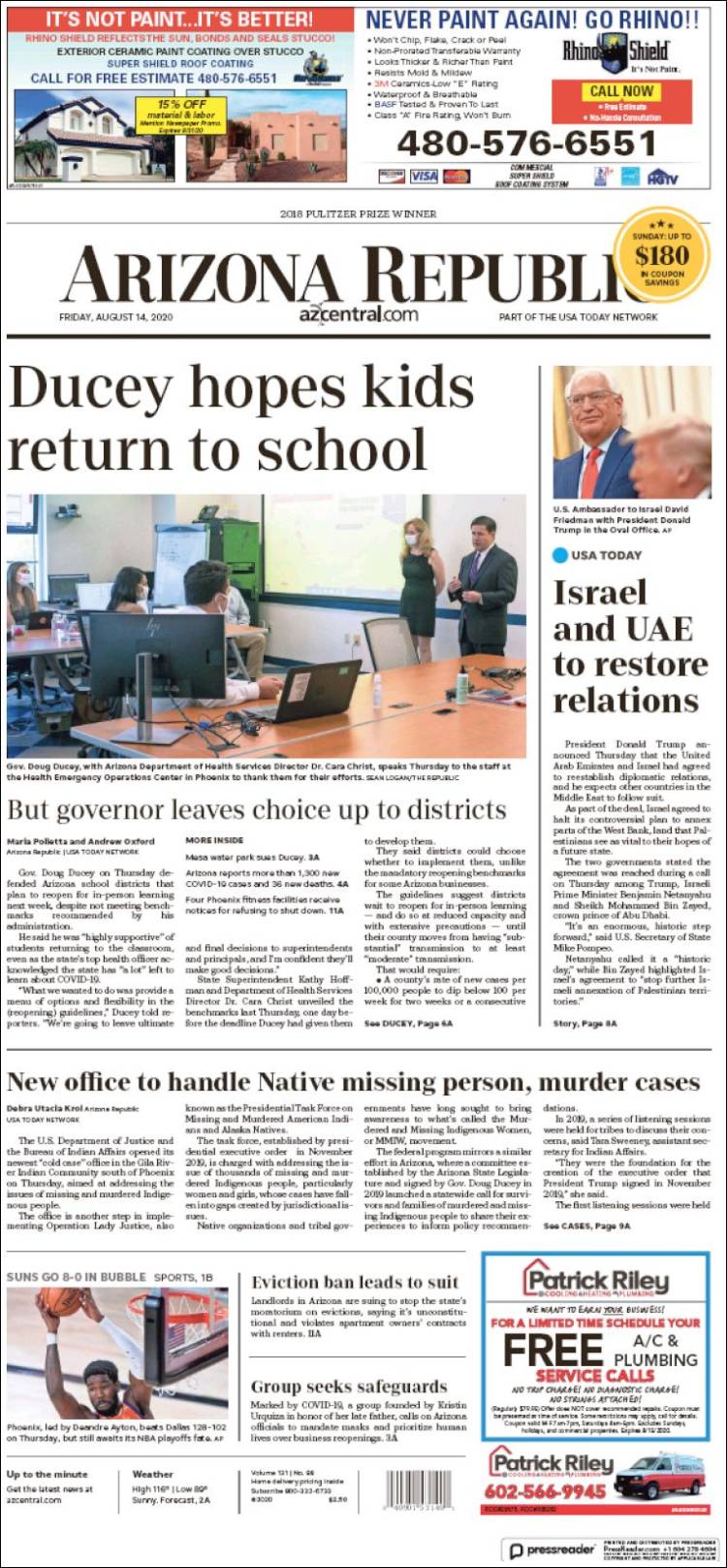 Portada de Arizona Republic News (USA)