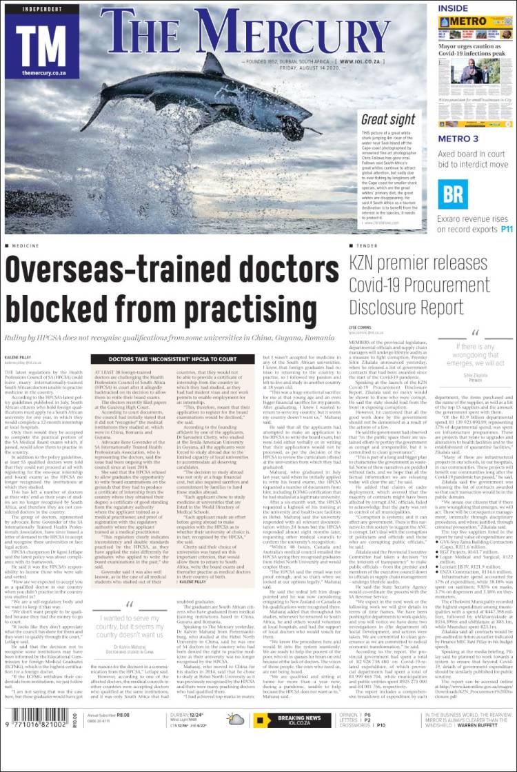 Portada de The Mercury (Sud&aacute;frica)