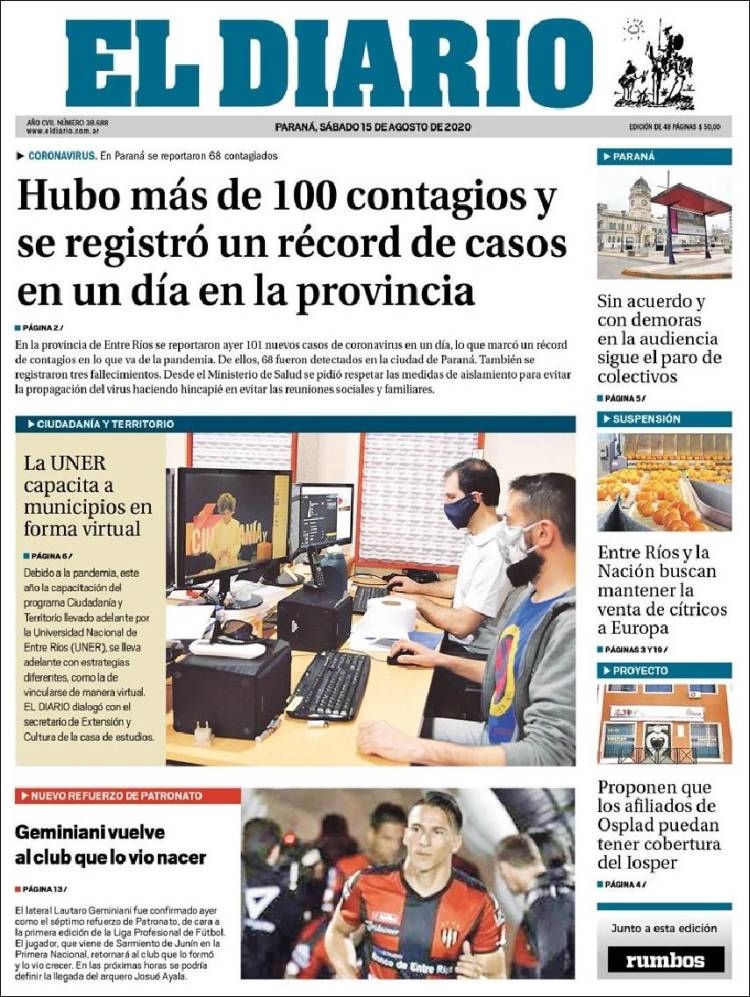 Portada de El Diario de Paraná (Argentina)