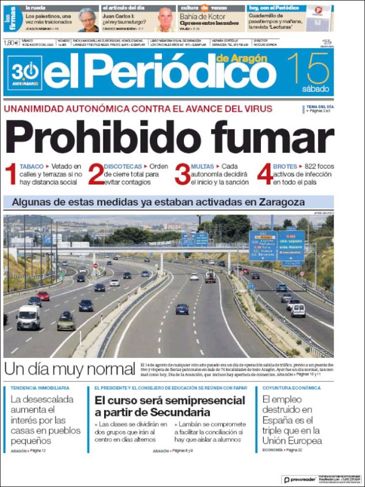 Portada de El Periódico de Aragón (España)