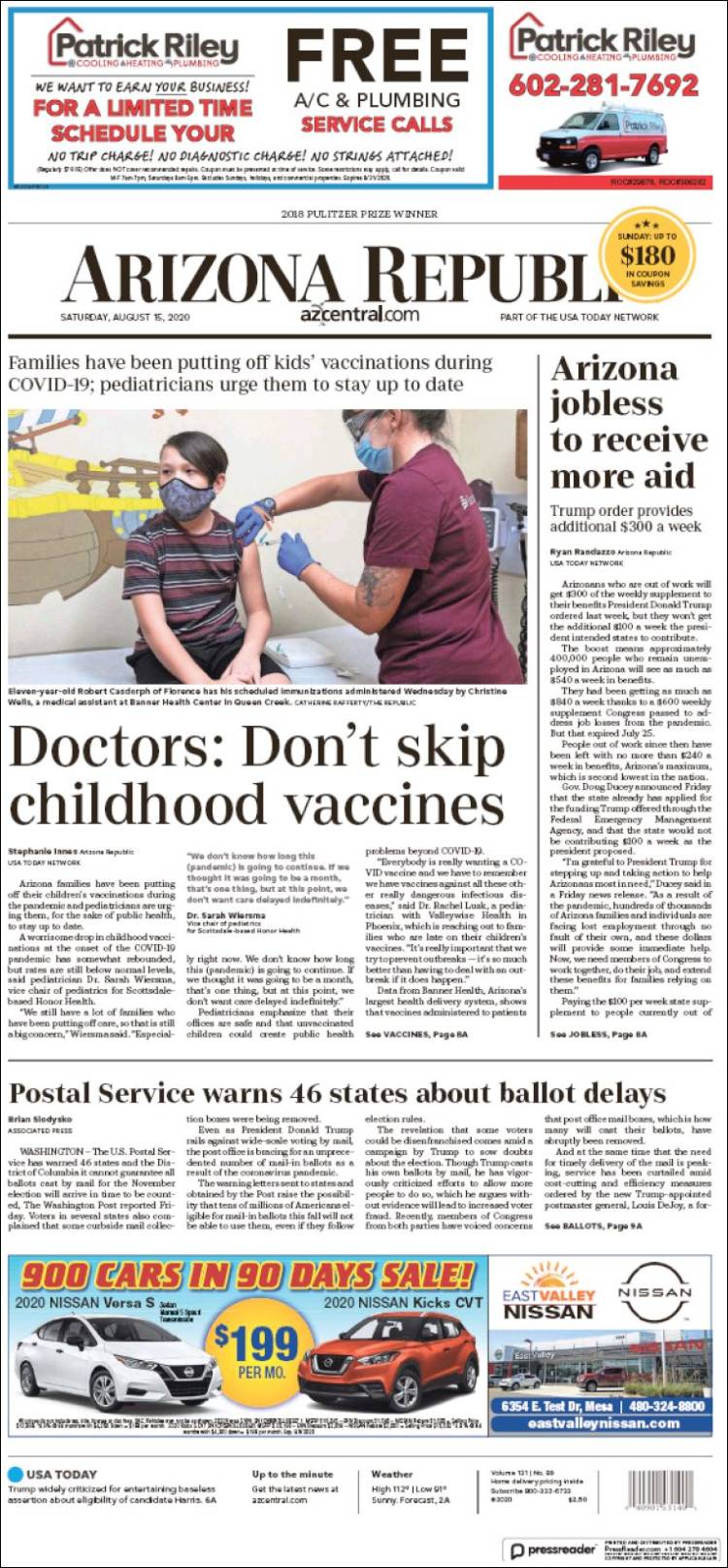 Portada de Arizona Republic News (USA)