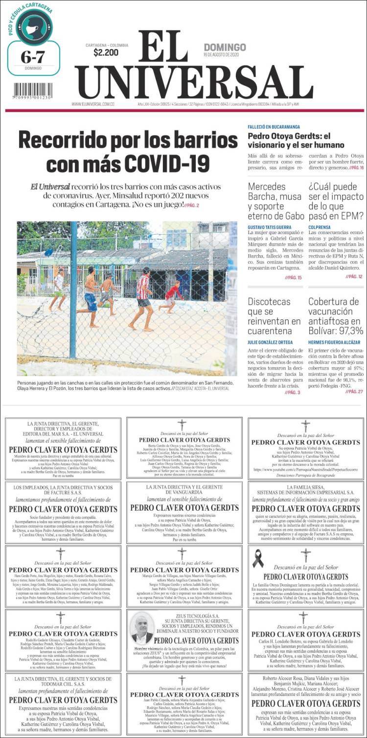 Portada de El Universal (Colombia)