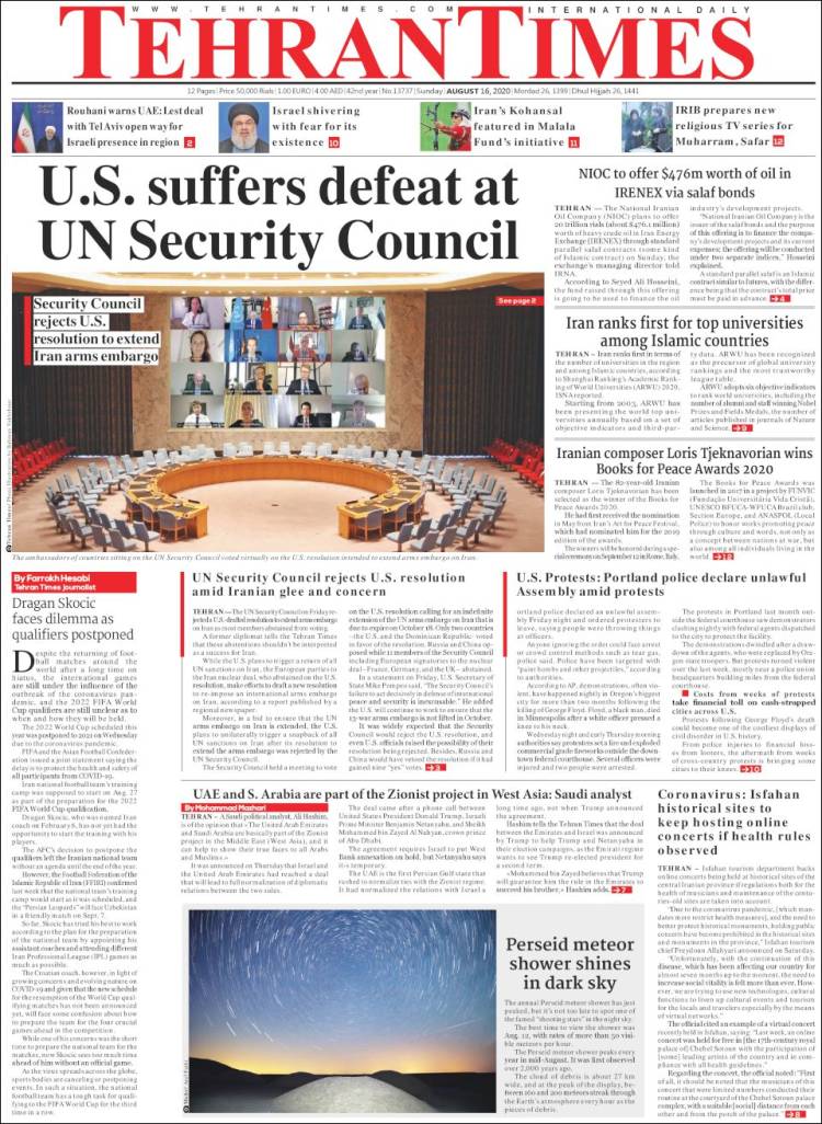 Portada de TehranTimes (Ir&aacute;n)