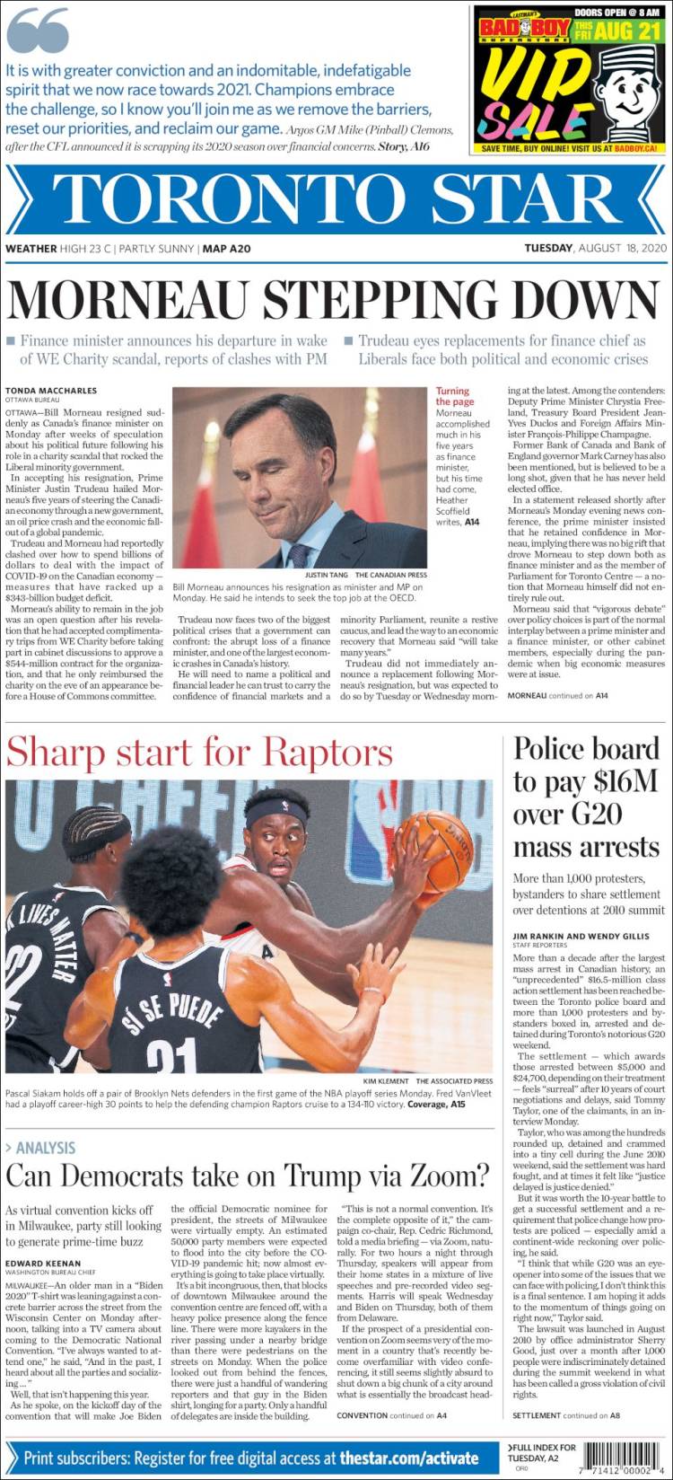 Portada de The Toronto Star (Canadá)