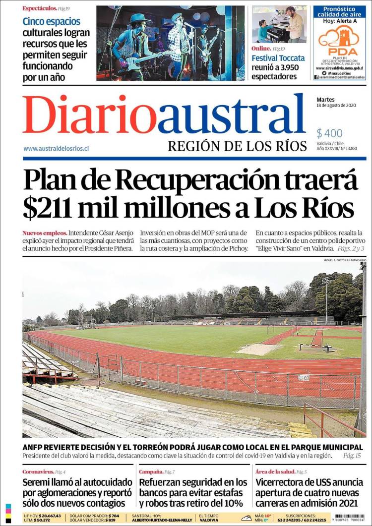 Portada de El Diario Austral de Valdivia (Chile)