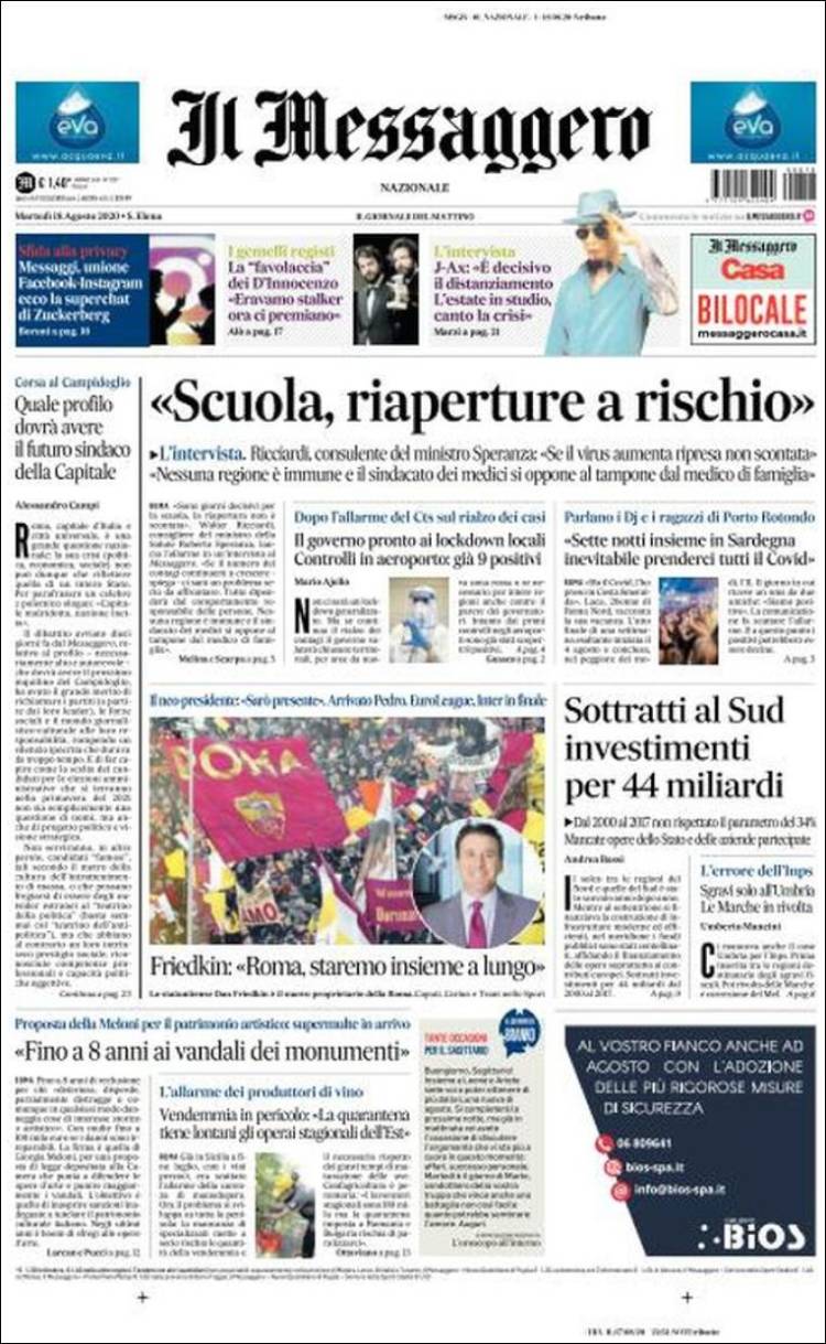 Portada de Il Messaggero (Italia)