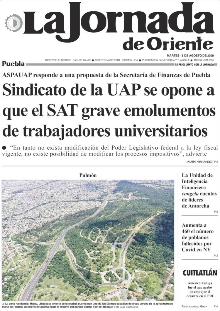 Portada de La Jornada de Oriente - Puebla (México)