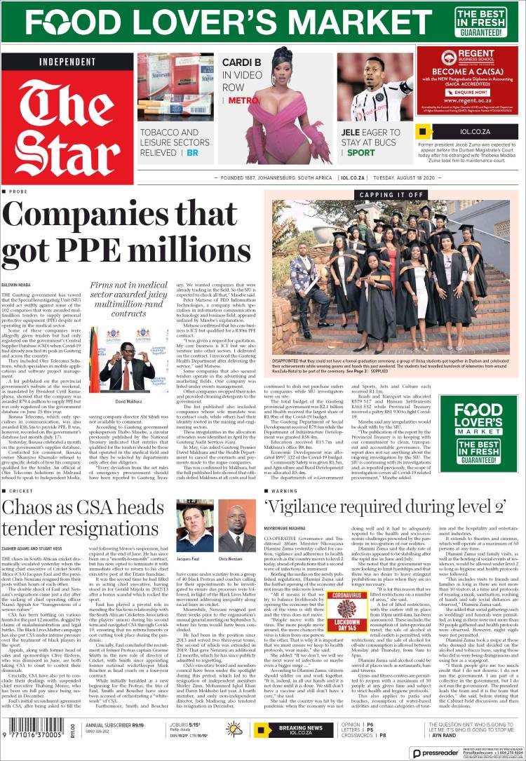 Portada de The Star (Sud&aacute;frica)