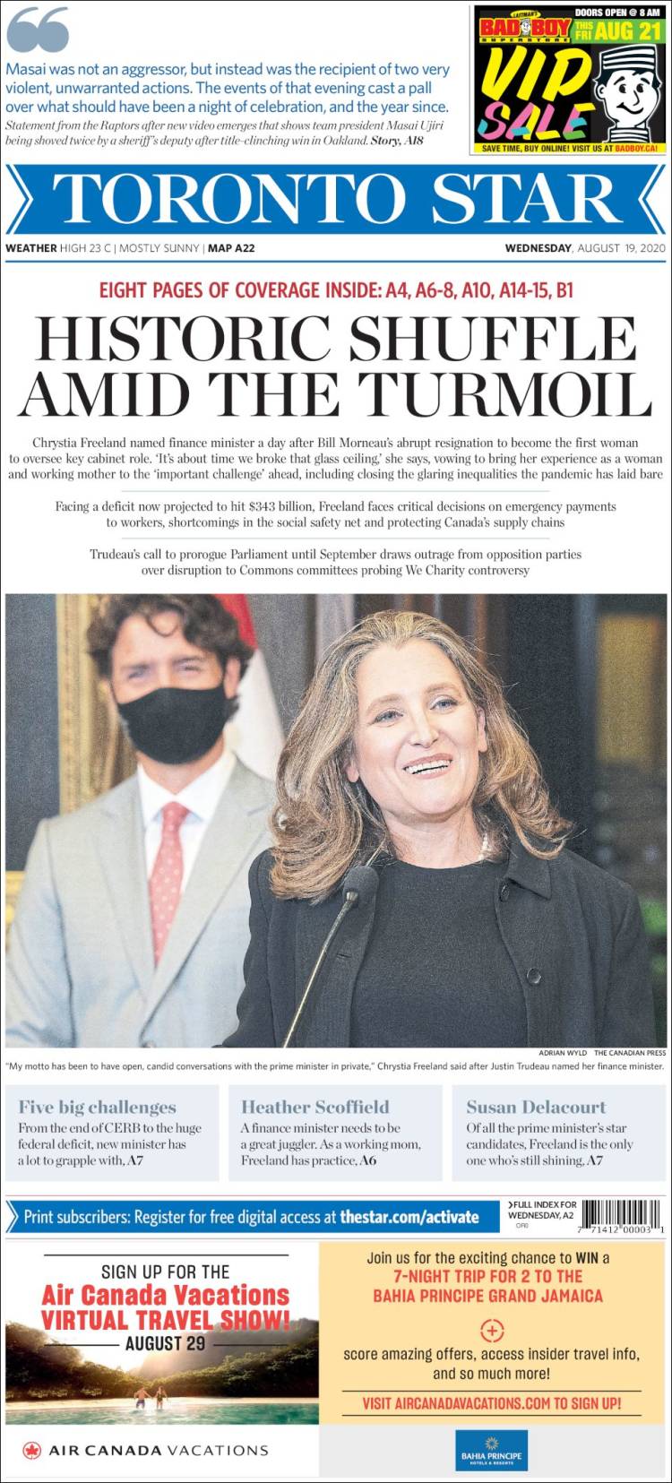 Portada de The Toronto Star (Canadá)