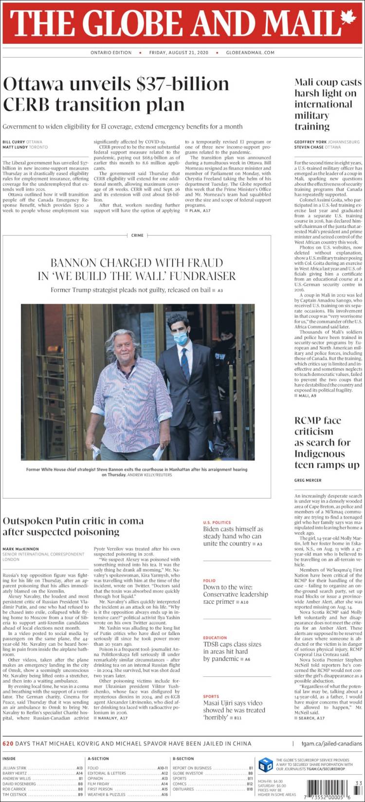 Portada de The Globe and Mail (Canadá)