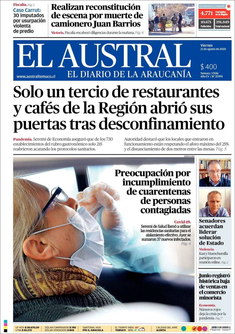 Portada de El Austral de Temuco (Chile)