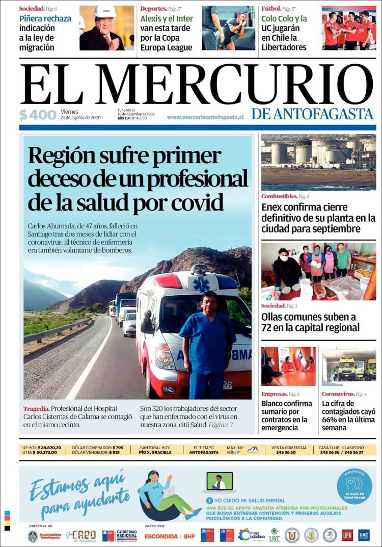 Portada de El Mercurio de Antofagasta (Chile)