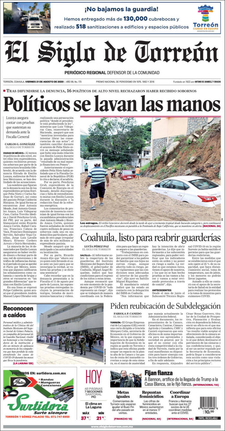 Portada de El Siglo de Torreon (M&eacute;xico)