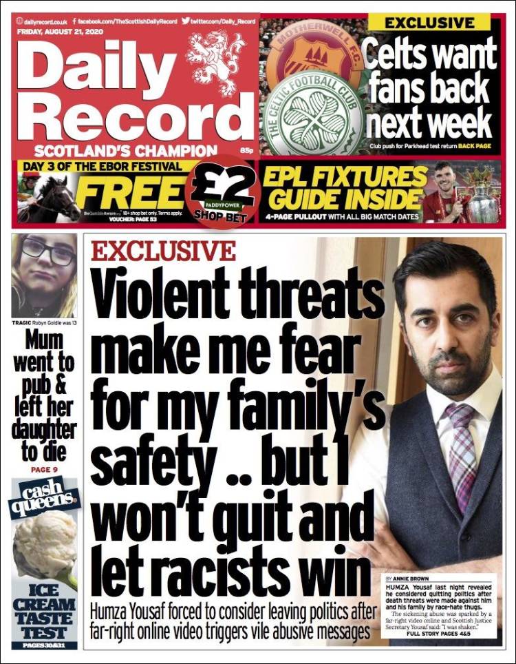 Portada de Daily Record (Reino Unido)
