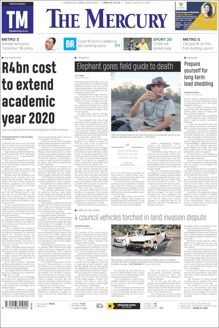 Portada de The Mercury (Sud&aacute;frica)