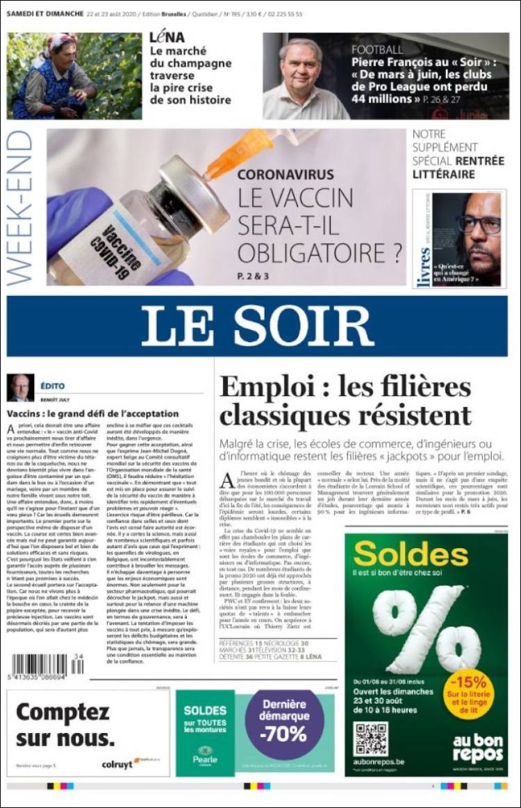 Portada de Le Soir (B&eacute;lgica)