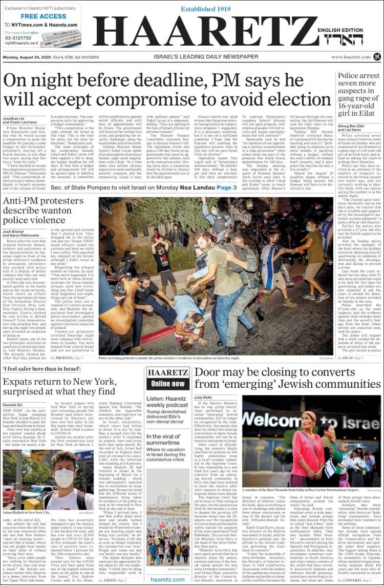 Portada de Haaretz (Israel)