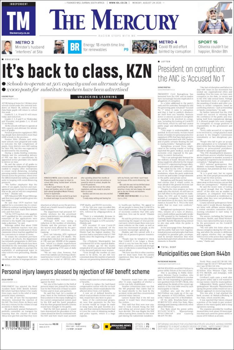 Portada de The Mercury (Sud&aacute;frica)