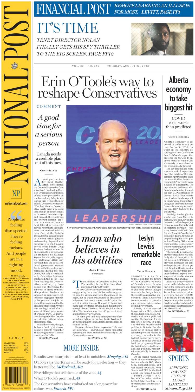 Portada de The National Post (Canadá)