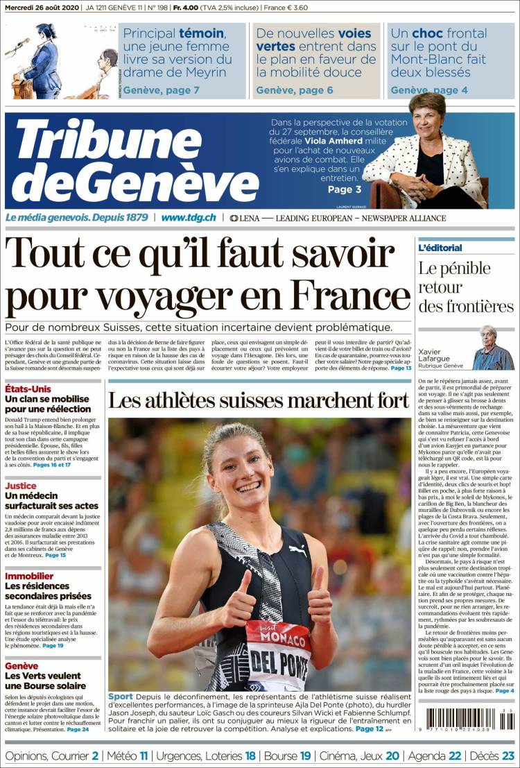 Portada de La Tribune de Genève (Suiza)