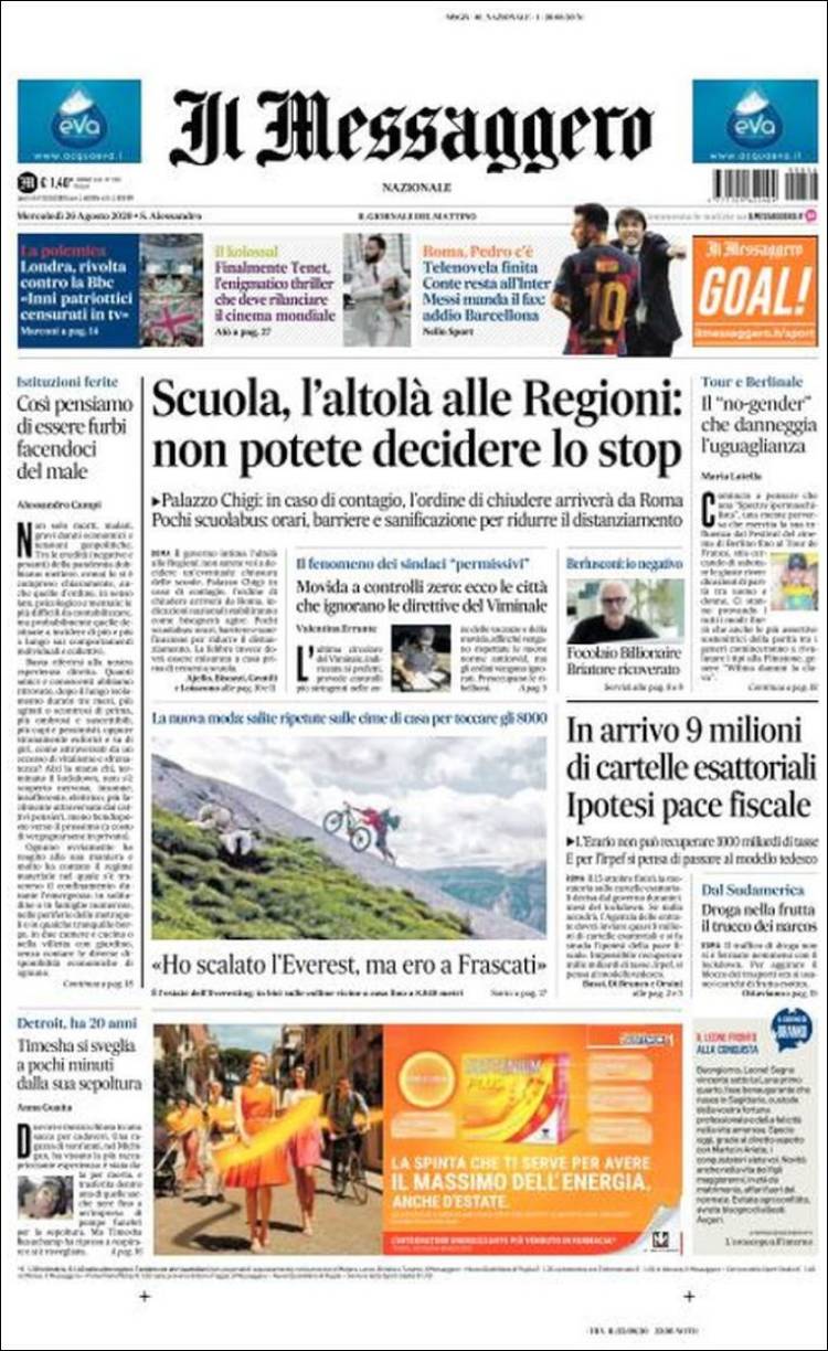 Portada de Il Messaggero (Italia)