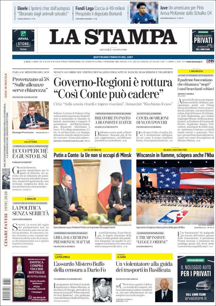 Portada de La Stampa (Italia)