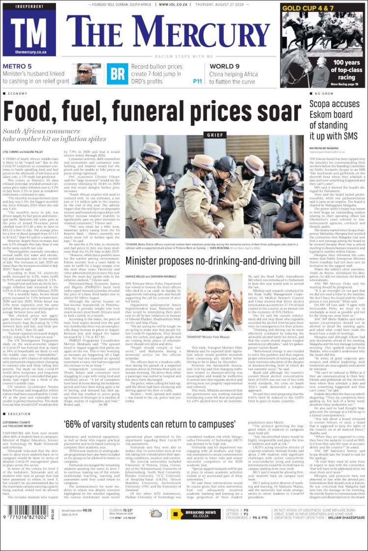 Portada de The Mercury (Sud&aacute;frica)