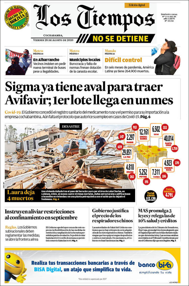 Portada de Los Tiempos (Bolivia)