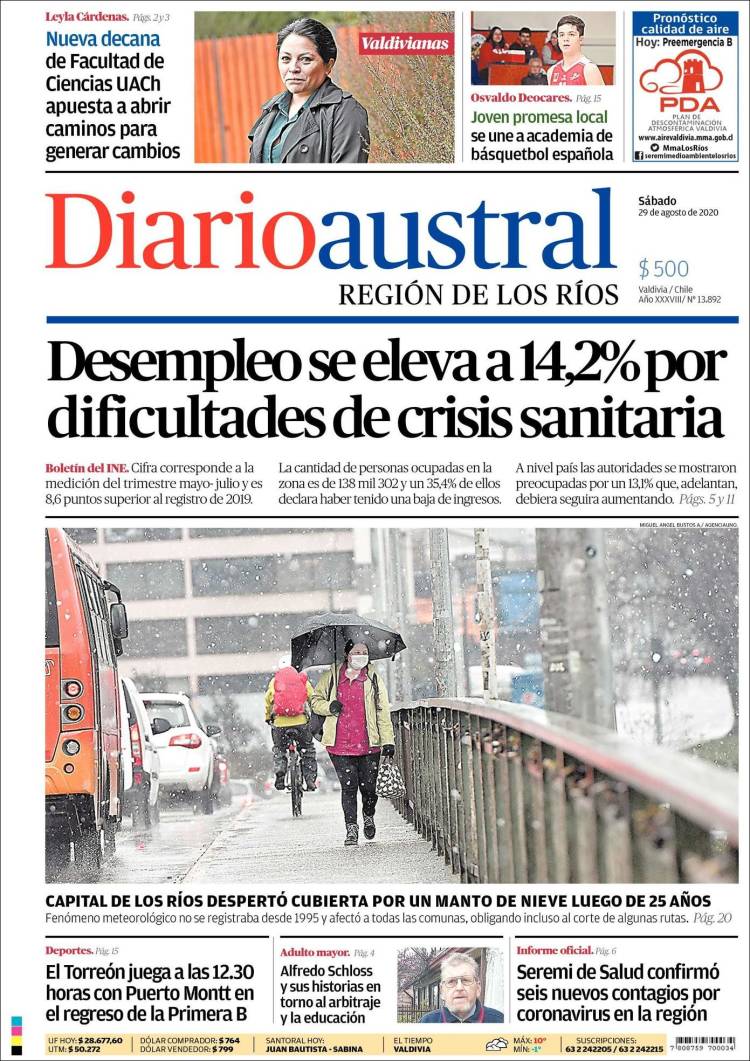 Portada de El Diario Austral de Valdivia (Chile)