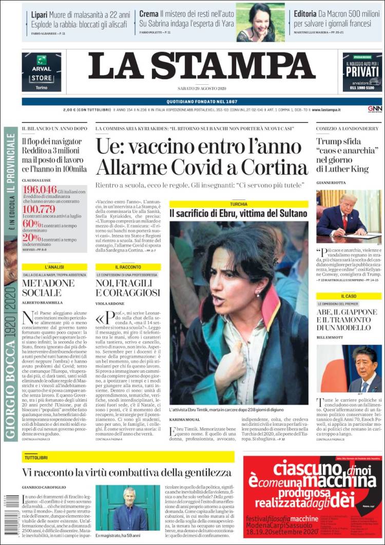 Portada de La Stampa (Italia)