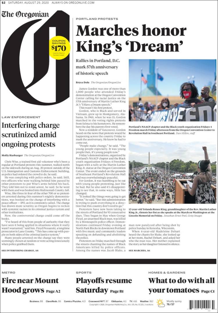 Portada de The Oregonian (USA)