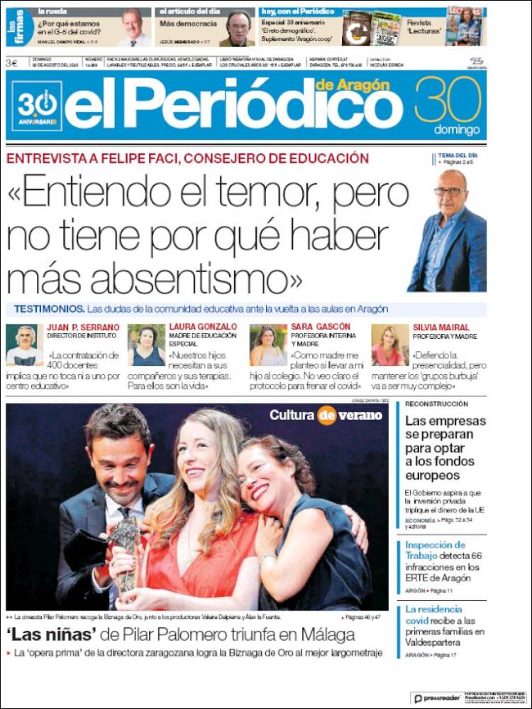 Portada de El Periódico de Aragón (España)