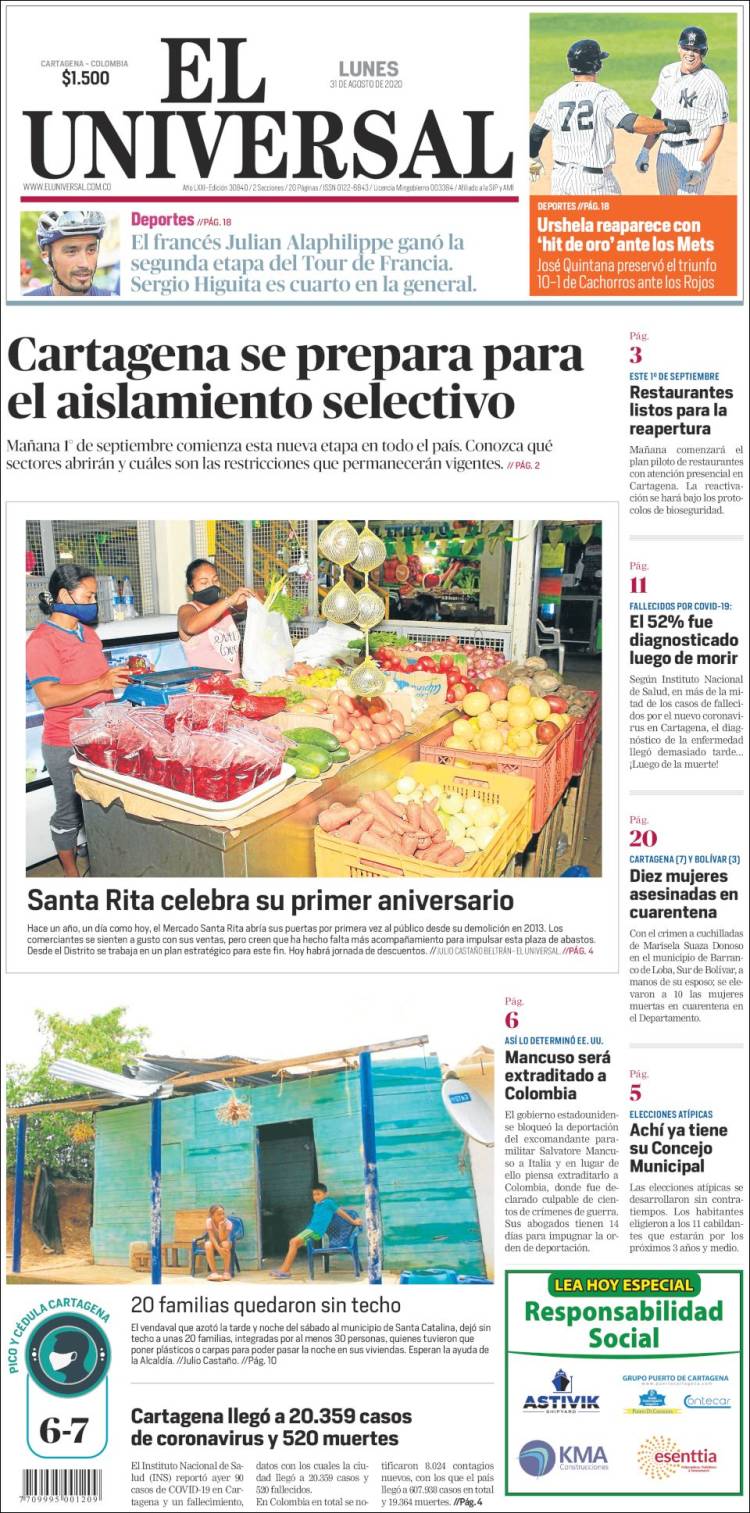 Portada de El Universal (Colombia)