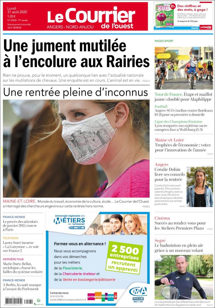 Portada de Le Courrier de l'Ouest (Francia)