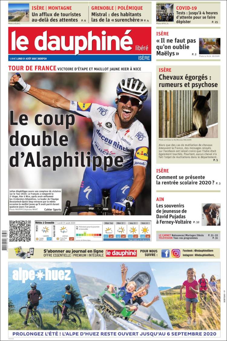 Portada de Le Dauphiné Libéré (Francia)