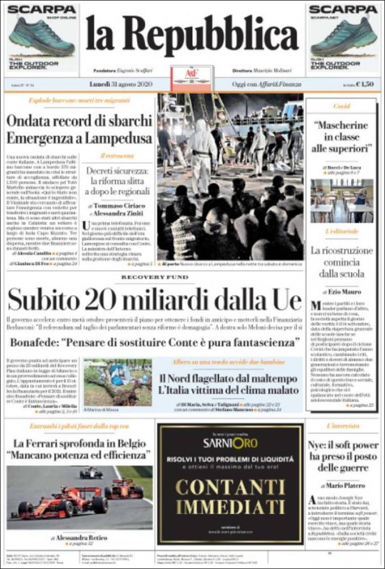Portada de La Repubblica (Italia)