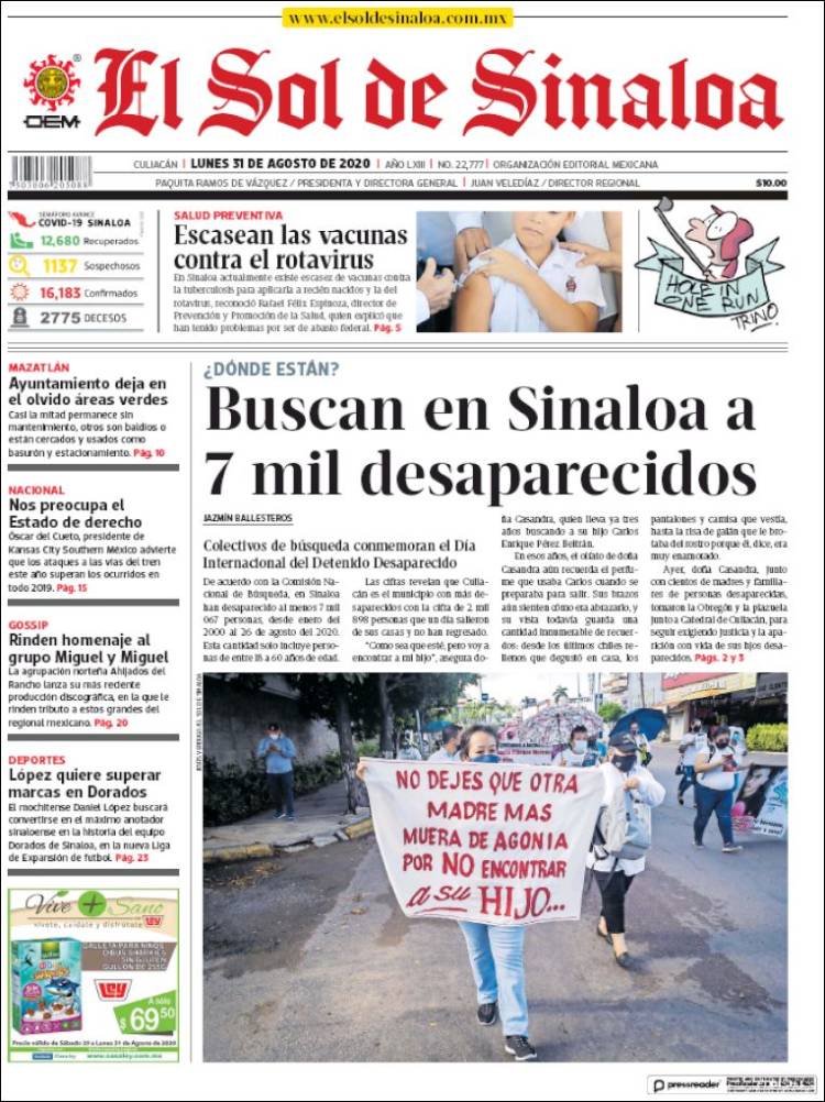 Portada de El Sol de Sinaloa (M&eacute;xico)
