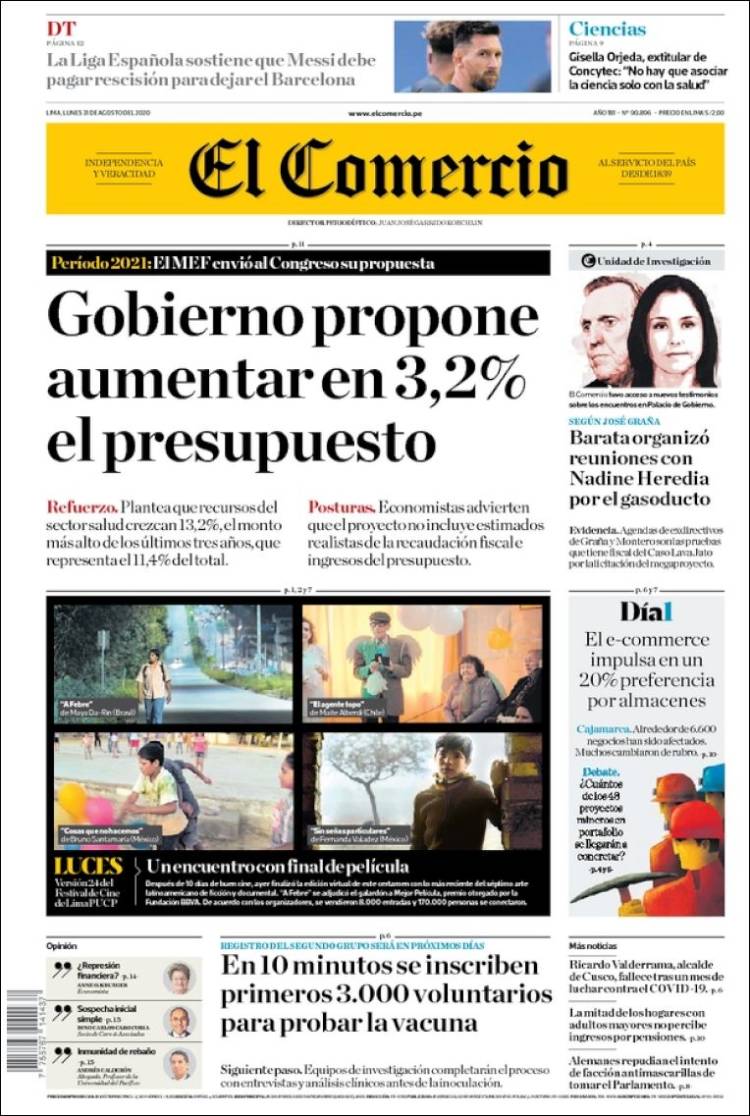 Portada de El Comercio (Per&uacute;)