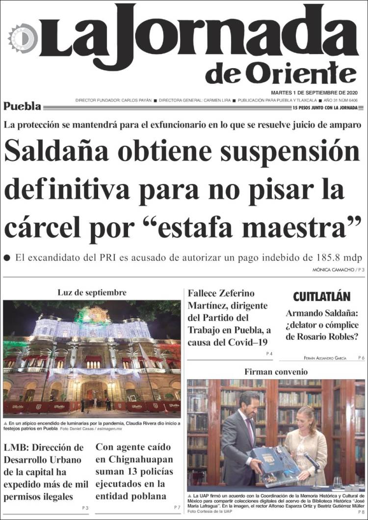 Portada de La Jornada de Oriente - Puebla (Mexico)