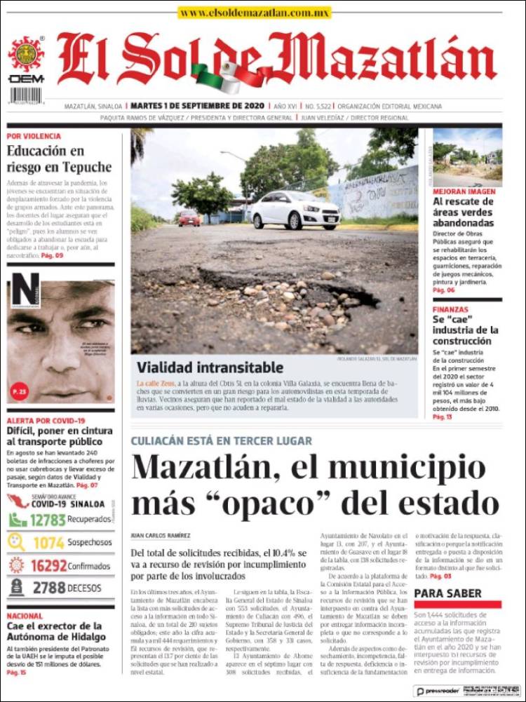 Portada de El Sol de Mazatlán (México)