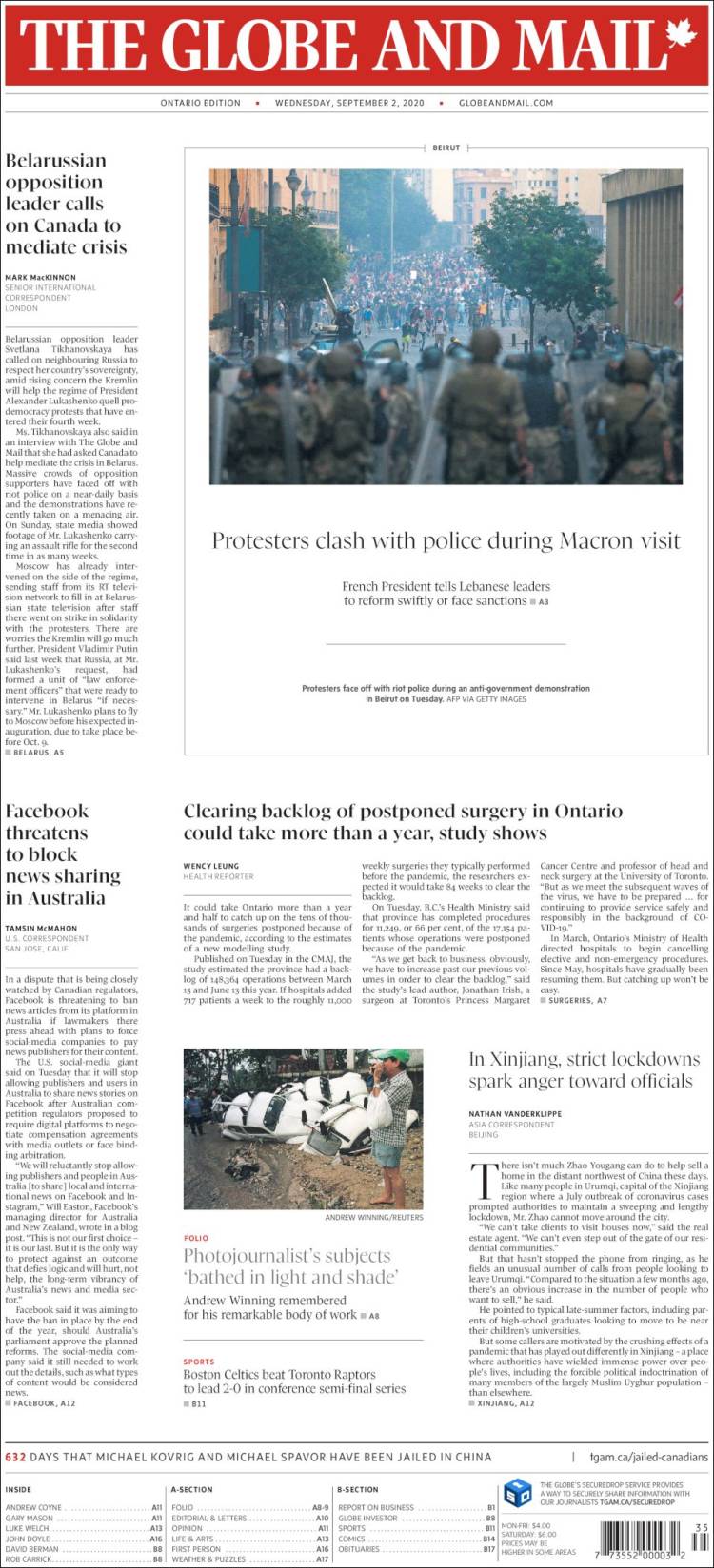 Portada de The Globe and Mail (Canadá)