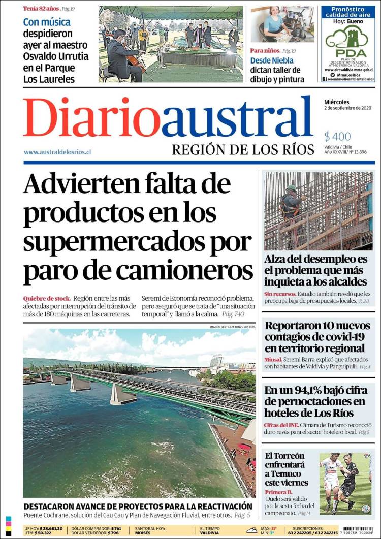 Portada de El Diario Austral de Valdivia (Chile)