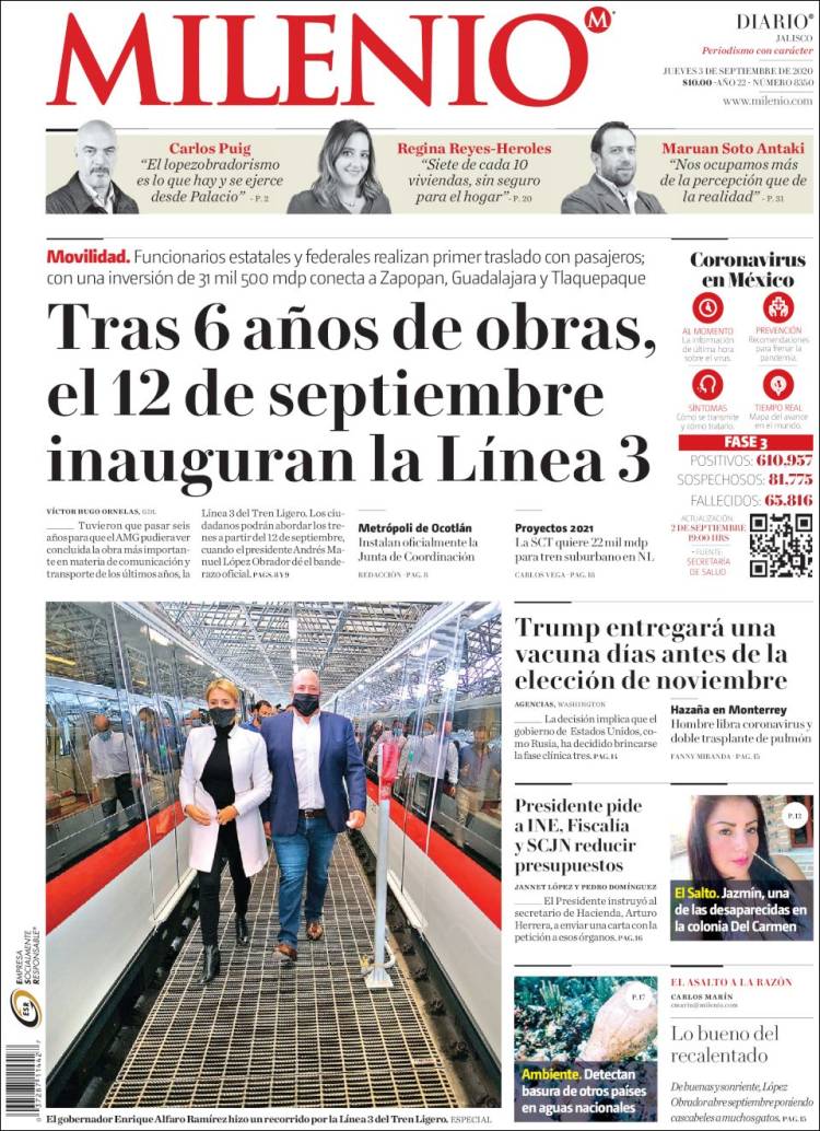 Portada de Milenio - Jalisco (México)