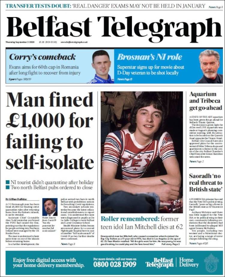 Portada de Belfast Telegraph (Reino Unido)