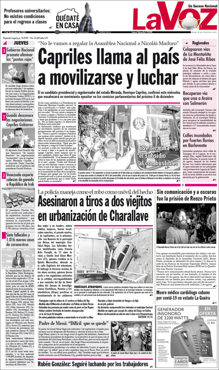 Portada de Diario La Voz (Venezuela)