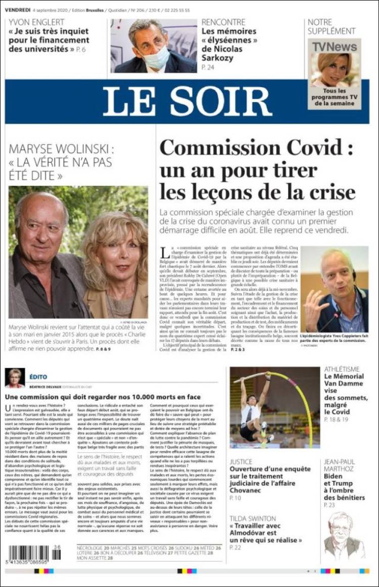 Portada de Le Soir (B&eacute;lgica)