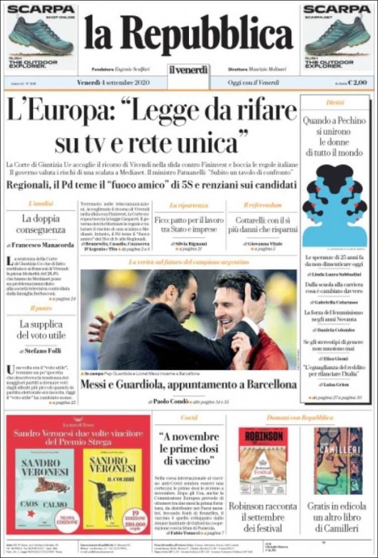 Portada de La Repubblica (Italia)