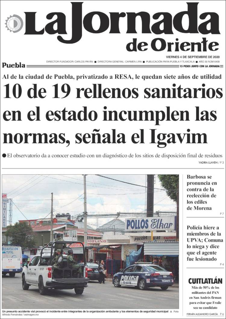 Portada de La Jornada de Oriente - Puebla (M&eacute;xico)