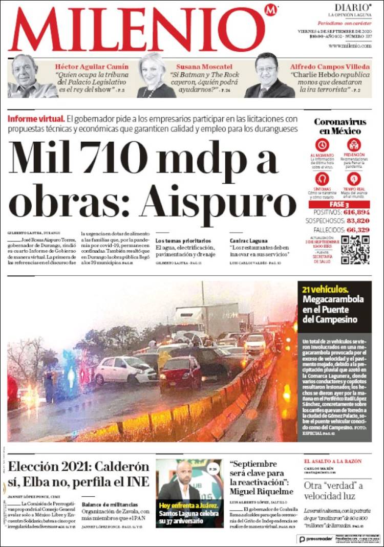 Portada de Milenio - Laguna (M&eacute;xico)