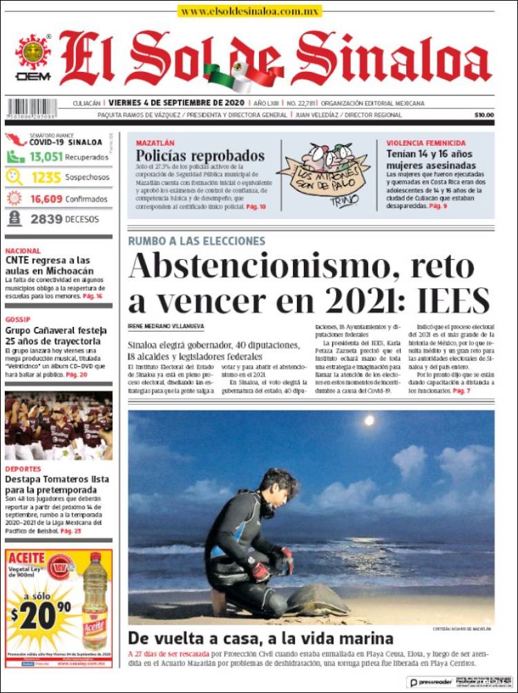 Portada de El Sol de Sinaloa (M&eacute;xico)